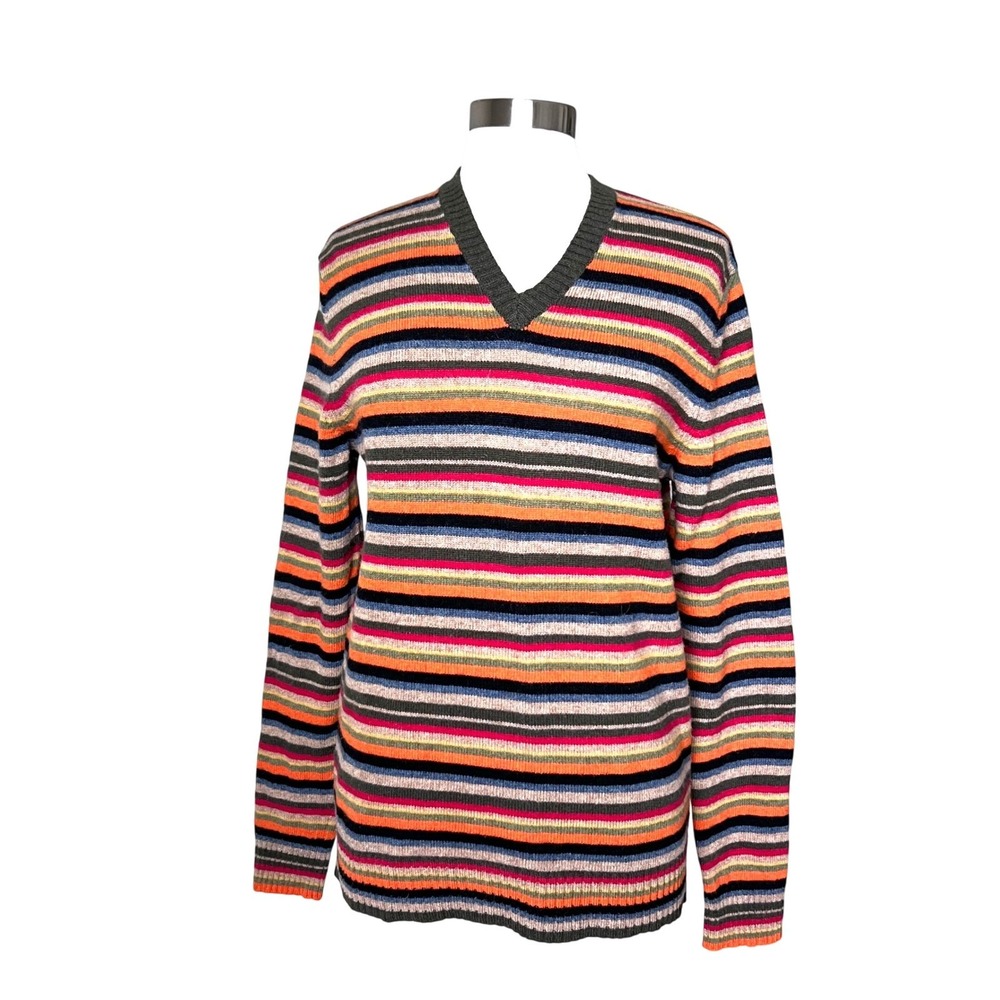 Vintage Express Mens 100% Lambswool V-Neck Sweater Rainbow Striped Size‎ Medium